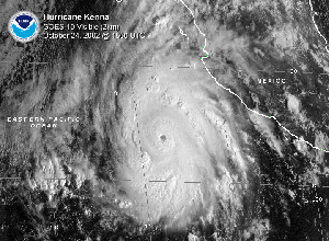 a satellite image of Hurricana Kenna in the eastern Pacific Ocean on October 24, 2002