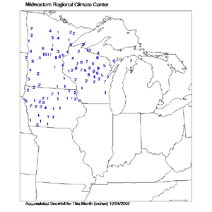a snowfall accumulations from the U.S. Midwest's first winter storm of the 2002-2003 season