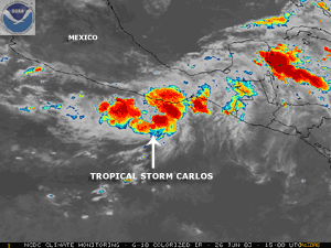 Colorized Infrared satellite image of Tropical Storm Carlos on June 26, 2003