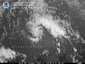 Visible satellite image Tropical Depression #2 in the central tropical Atlantic Ocean on June 11, 2003