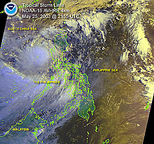 Click here a satellite image of Tropical Storm Linfa near the Philippines on May 27, 2003
