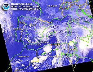 Satellite image of a storm system that brought flooding to Algeria on October 14, 2003