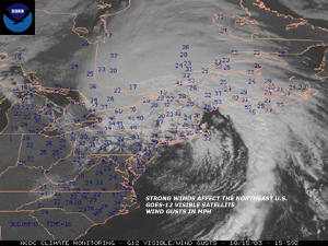 Visible satellite image of a storm system that affected the eastern United States on October 15, 2003