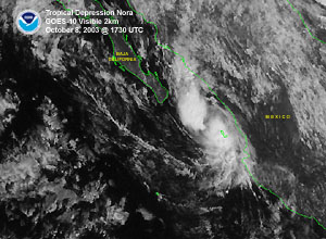 a visible satellite image of Tropical Depression Nora on October 8, 2003 