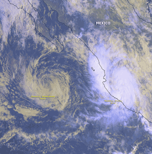 Satellite image of Tropical Storm Olaf and Tropical Depression Nora on October 7, 2003