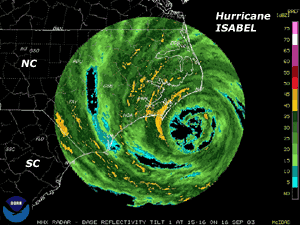 Radar animation of Hurricane Isabel making landfall along the Outer Banks of North Carolina on September 18, 2003