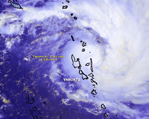 Satellite image of Tropical Cyclone Ivy near Vanuatu on February 24, 2004