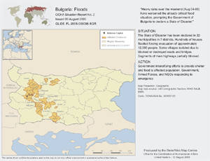 Bulgaria situation map depicting flood-affected areas as of August 9, 2005