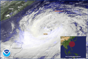 Satellite image of Typhoon Matsa approaching Taiwan on August 3, 2005