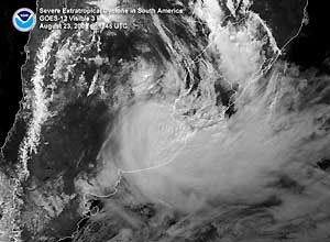 Satellite image of a storm system affecting Uruguay on August 23, 2005