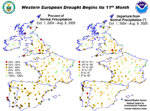 Rainfall departures from normal across western Europe during October 2004-August 2005