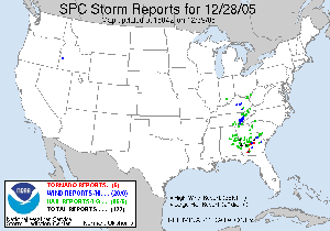 Map of severe weather reports in the U.S. on December 28, 2005