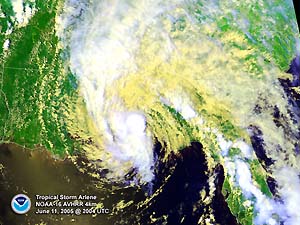 Satellite image of Tropical Storm Arlene near the time of landfall on June 11, 2005