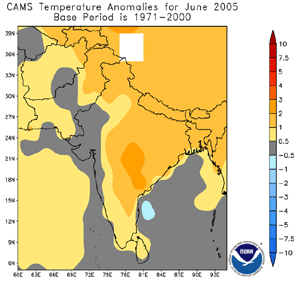 Temperature anomalies across South Asia during June 2005
