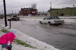 Hail and flooding in downtown Hastings, Nebraska in May 11, 2005