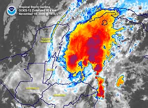 Infrared satellite image of Tropical Storm Gamma on November 19, 2005