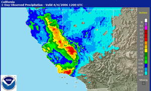 Rainfall estimates across California for the 24-hour period ending 5AM PDT April 4, 2006