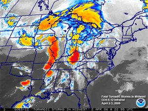 Colorized infrared satellite animation depicting severe thunderstorms on 2-3 April, 2006