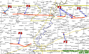 Tornado paths and Fujita Scale intensity in Arkansas and Tennessee on April 2, 2006