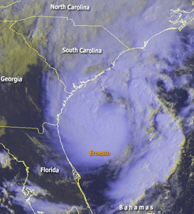 Satellite image depicting Tropical Storm Ernesto off the southeast coast of the U.S. on August 31, 2006