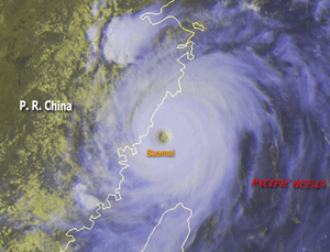 Satellite image of Typhoon Saomai near landfall in southeastern China on August 10, 2006