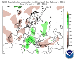 Precipitation anomalies across Europe during February 2006