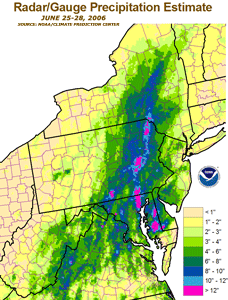 Map depicting rainfall across the northeast United States during June 20-28, 2006
