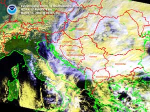 Satellite image of a storm system affecting southeastern Europe on March 13, 2006
