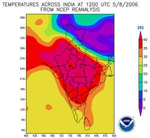 Temperature estimates across India on May 8, 2006 at 1200 UTC