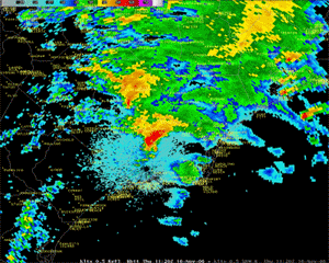 Radar animation of tornadic thunderstorm affecting southeastern North Carolina on November 16, 2006