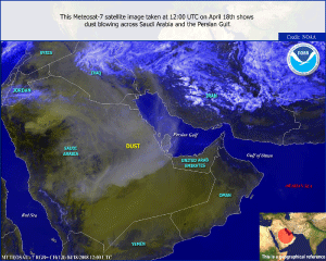 Satellite image of a dust storm affecting Saudi Arabia on 18 April 2008