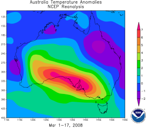 Map of Australia's Temperature Anomalies for March 1-14, 2008