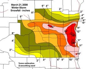 21 March 2008 storm snowfall total for Wisconsin