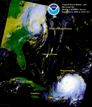 Satellite image of Tropical Storm Hanna and Hurricane Ike on 6 September 2008