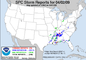 Storm Prediction Center storm reports for 2 April 2009