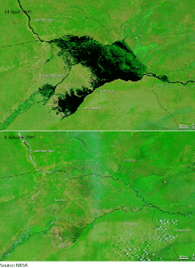 Comparison of pre-flood and flood scenes across southern Africa