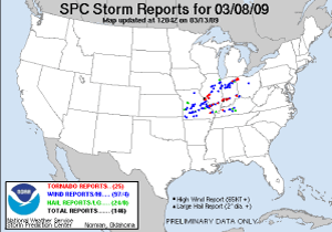 Storm Prediction Center storm reports for 8 March 2009