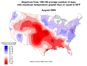 U.S. August Temperature Departures 90+