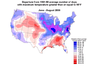 U.S. Summer Temperature Departures 90+