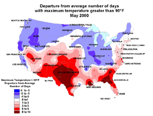 U.S. May Temperature Departures 90+