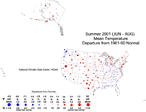 U.S. Summer 2001 Temperature Departures