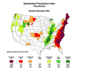 Standardized Precipitation Index map, Octobber-December 2001