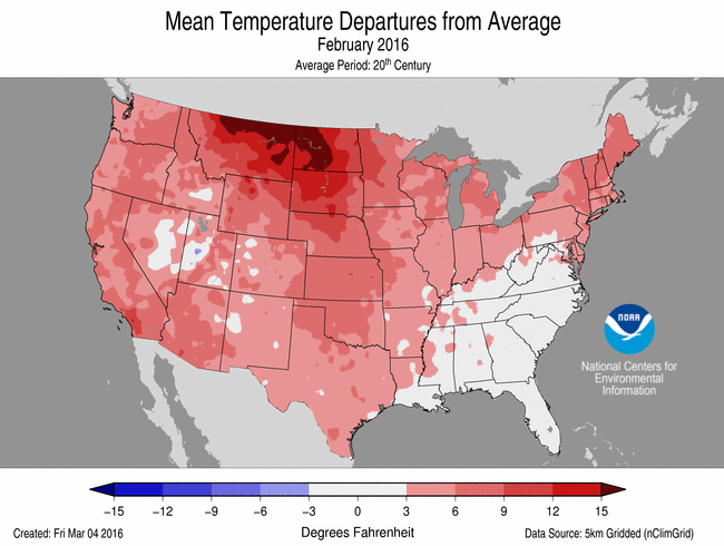 February 2016 Temperature Departure from Average Map
