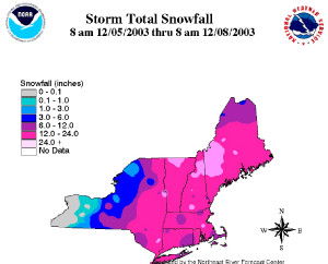 map of snowtotals from the Northeast U.S. from Dec 5th-8th, 2003