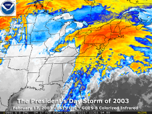 Colorized infrared satellite image of the storm system that dumped snow on the Northeast U.S. on February 16 & 17, 2003