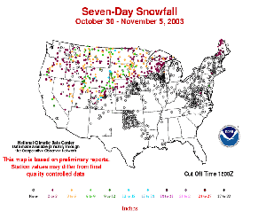 Map of 7-day snowfall for the United States during October 30-November 5, 2003