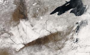 MODIS satellite image of snowfall over the Upper Midwest on April 1, 2008