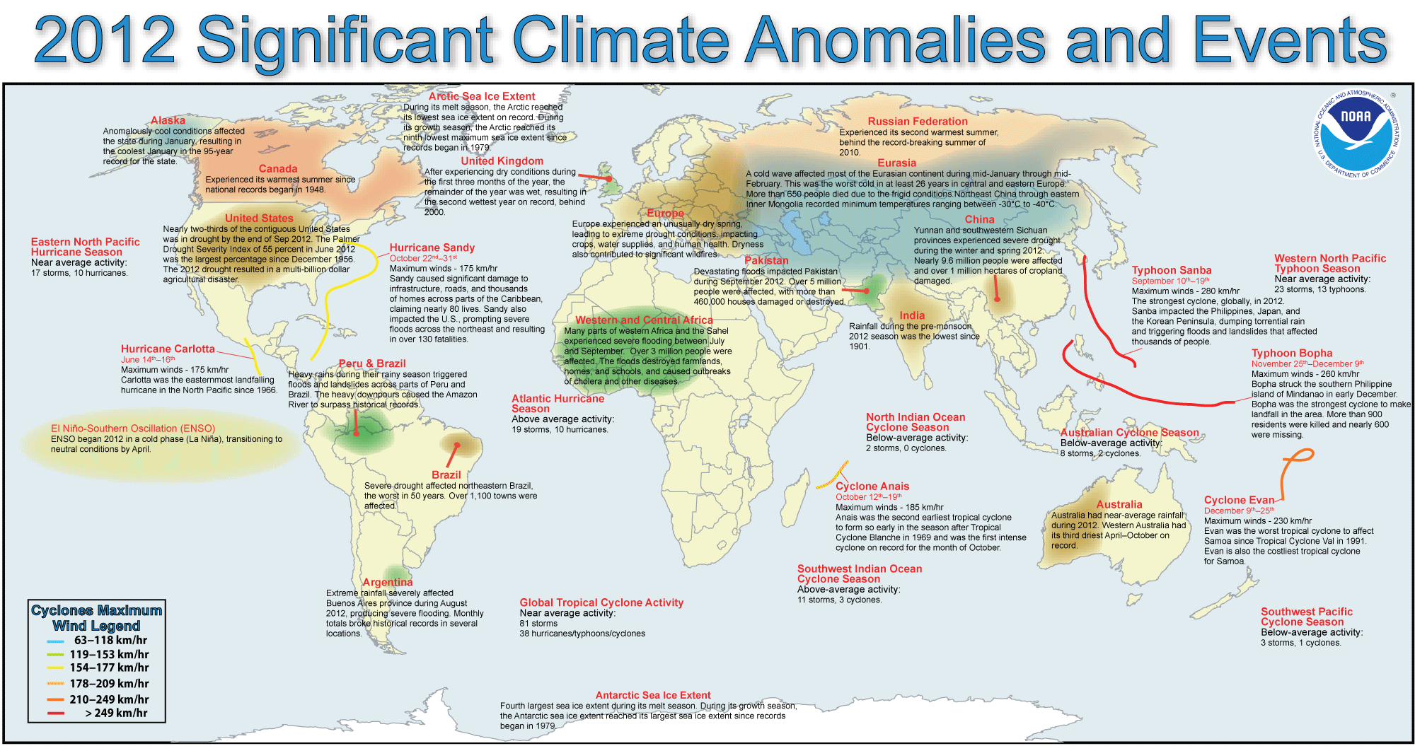Eventos e anomalias climáticas selecionados, dezembro de 2012. Mapa: NOAA