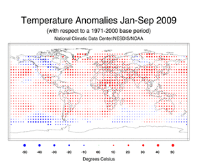 January-September 2009 Blended Land and Ocean Surface Temperature Anomalies in degree Celsius