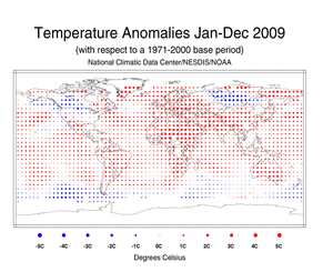 January-December 2009 Blended Land and Sea Surface Temperature Anomalies in degrees Celsius